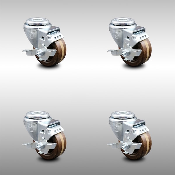 3 Inch SS High Temp Phenolic Wheel Swivel Bolt Hole Caster Set with Brake SCC